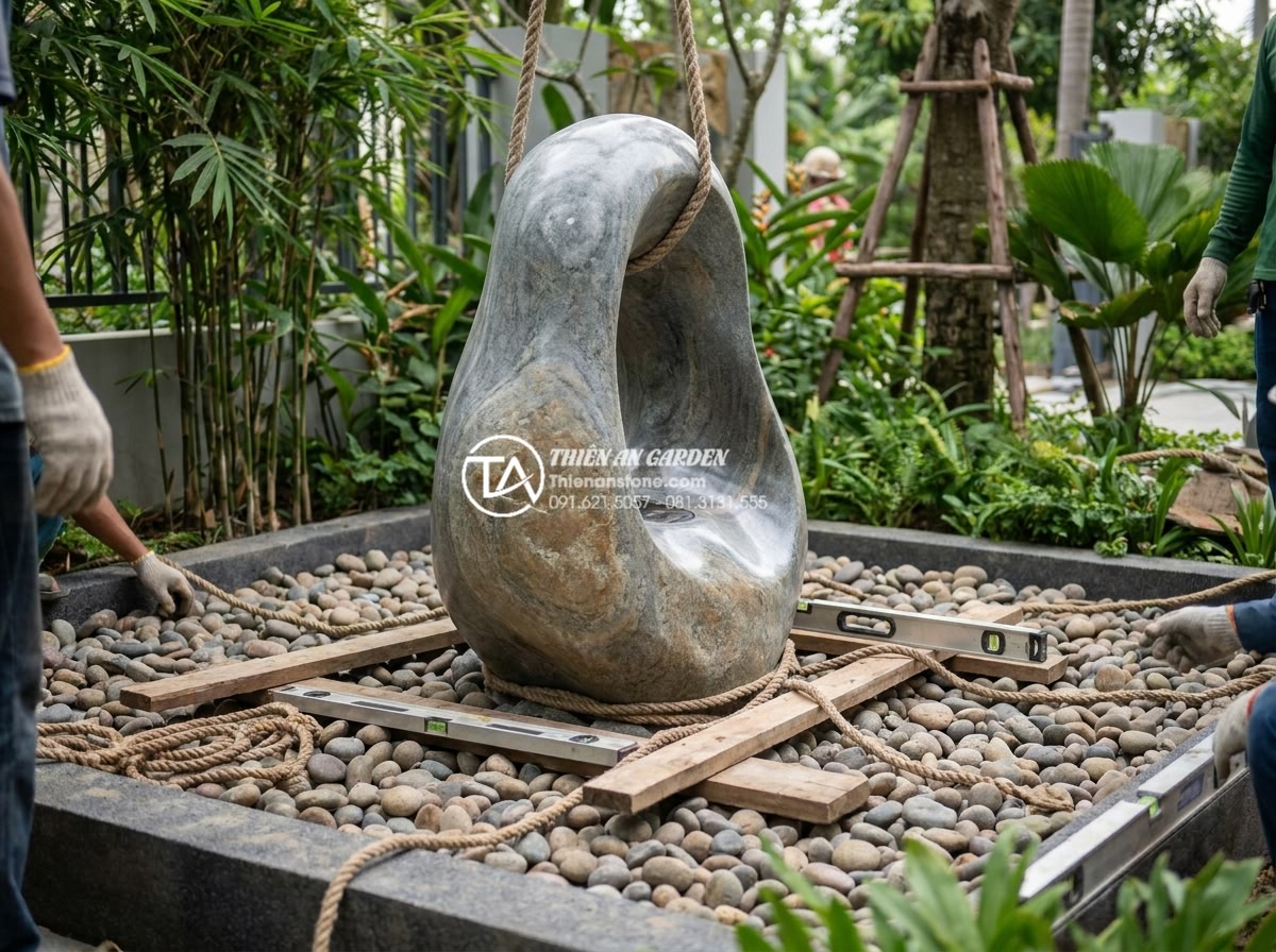 Review thực tế: Sử dụng đèn đá năng lượng mặt trời sau 1 năm - Professional installation team carefully positioning and securing a large carved