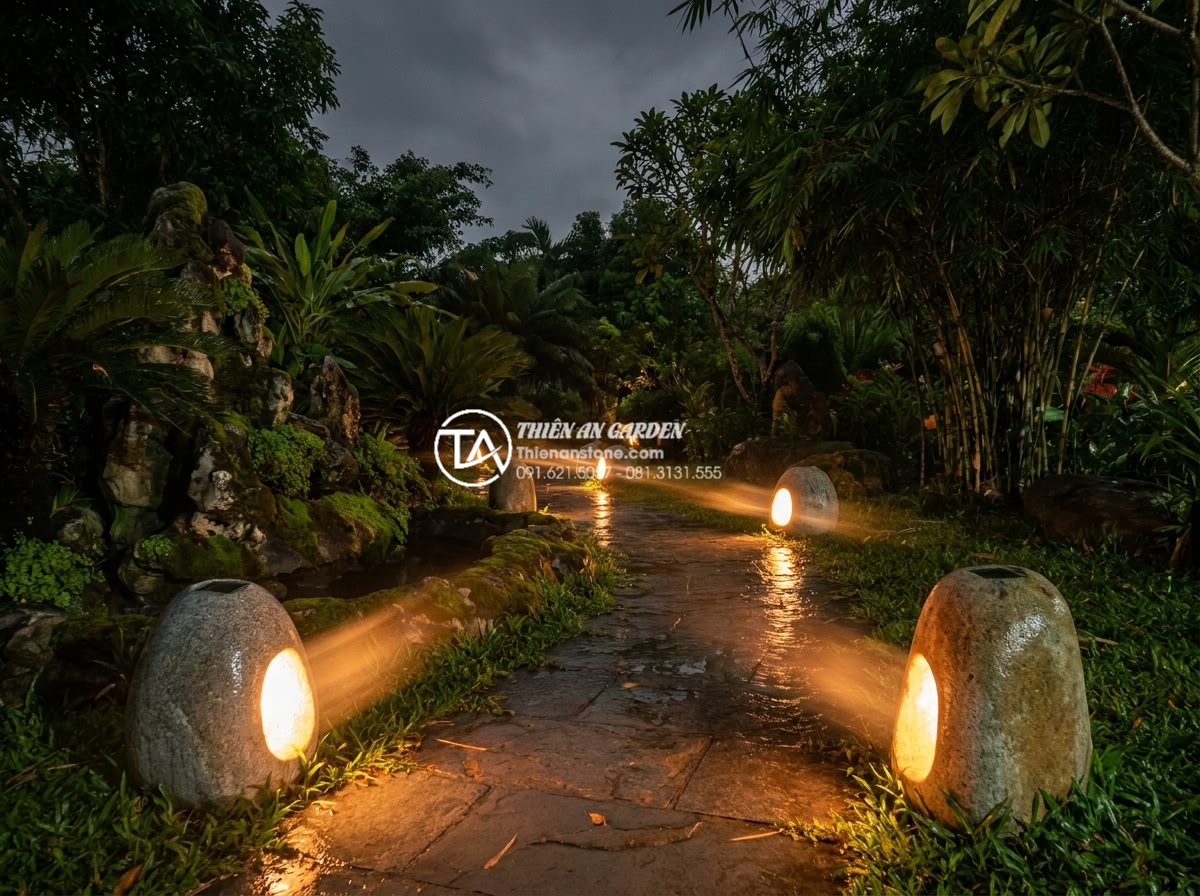 Review thực tế: Sử dụng đèn đá năng lượng mặt trời sau 1 năm - Night time long exposure photo of solar stone lamps providing consistent warm il