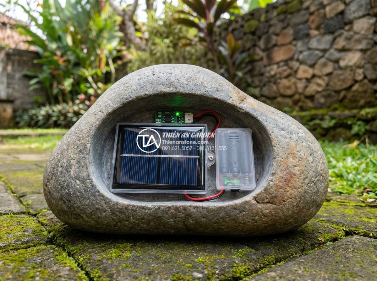 Review thực tế: Sử dụng đèn đá năng lượng mặt trời sau 1 năm - Detailed technical close-up of the solar panel and battery compartment inside a 