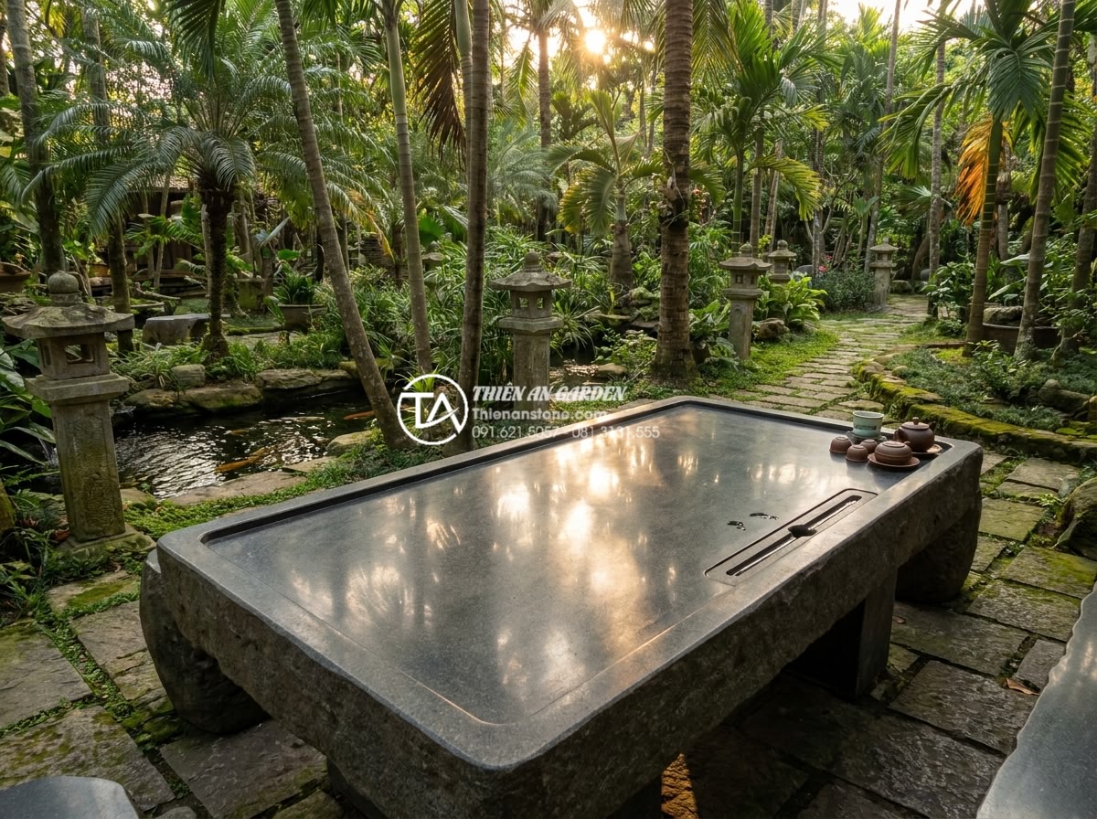 So sánh bàn trà đá nguyên khối và bàn trà gỗ: Lựa chọn nào cho sân vườn? - A luxurious solid granite tea table carved from a single natural stone block, el