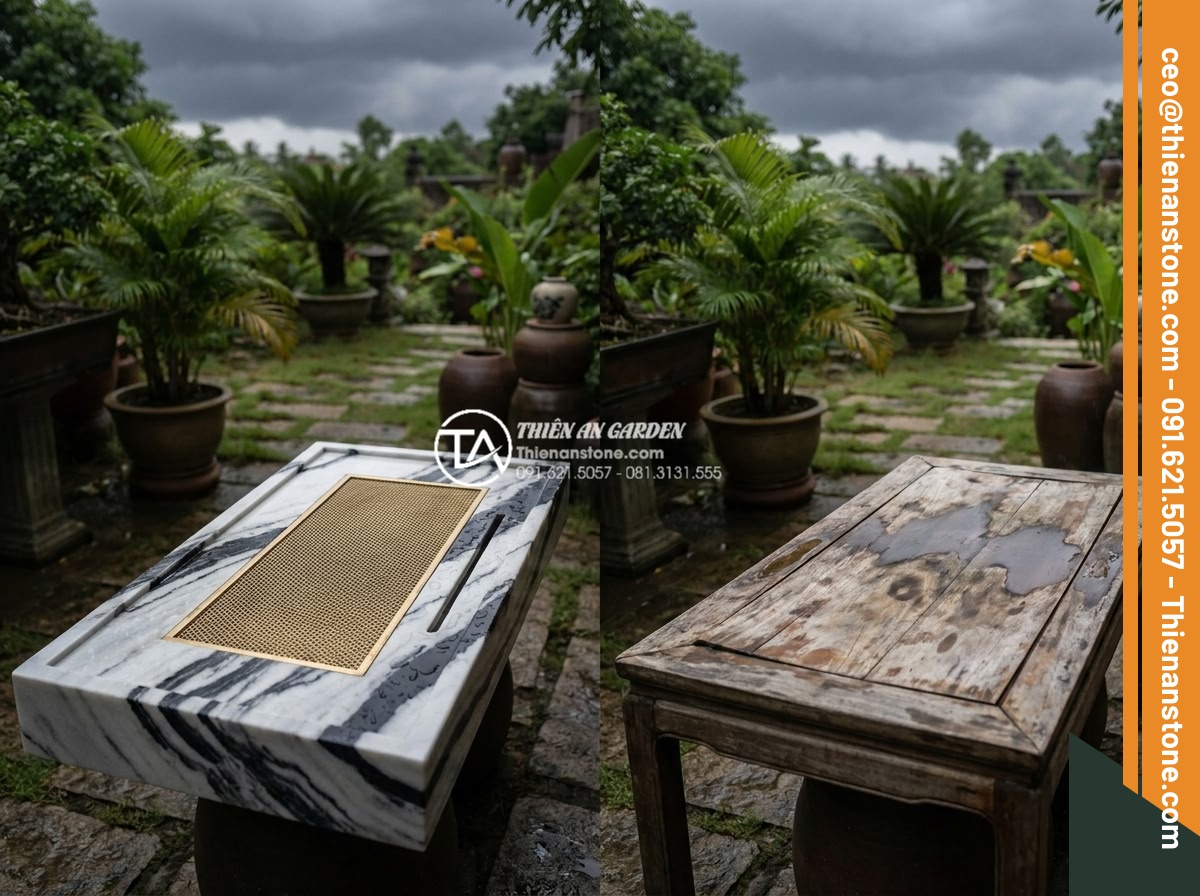 So sánh bàn trà đá nguyên khối và bàn trà gỗ: Lựa chọn nào cho sân vườn? - Side-by-side comparison scene showing a solid stone tea table remaining pristine