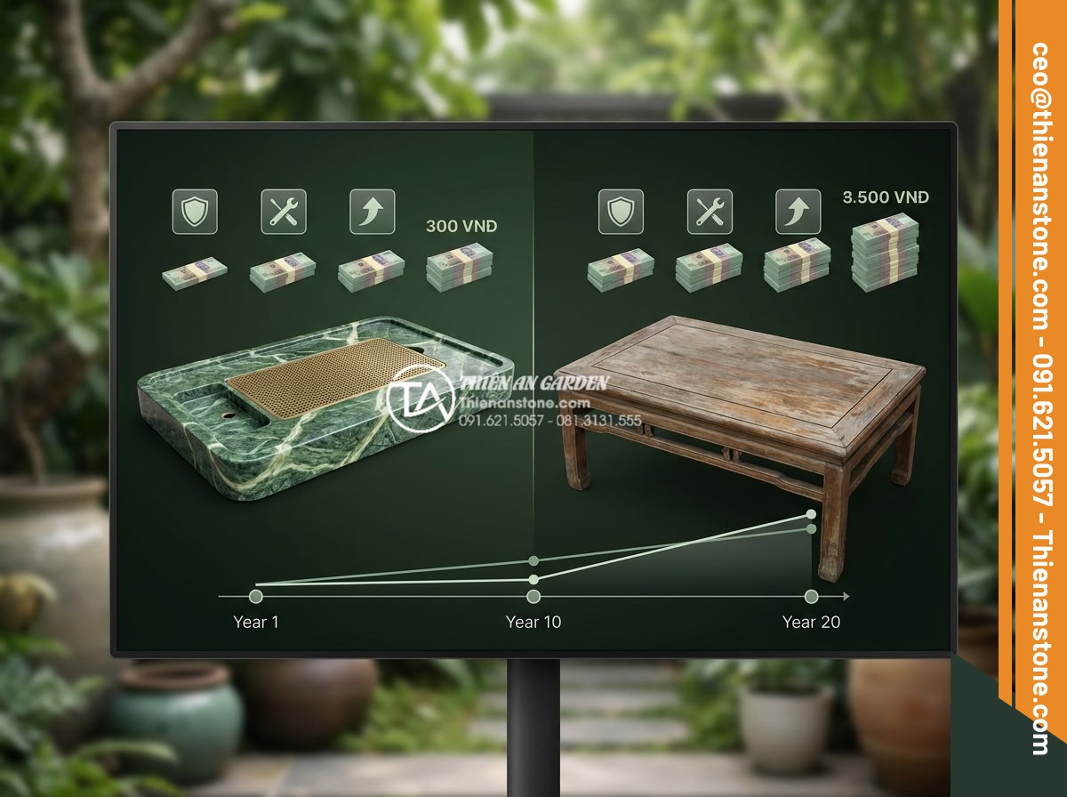 So sánh bàn trà đá nguyên khối và bàn trà gỗ: Lựa chọn nào cho sân vườn? - Professional infographic style image showing cost comparison over 20 years betwe