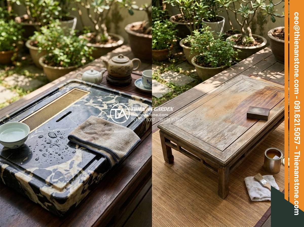 So sánh bàn trà đá nguyên khối và bàn trà gỗ: Lựa chọn nào cho sân vườn? - Step-by-step maintenance guide visual showing simple cleaning of a solid stone t