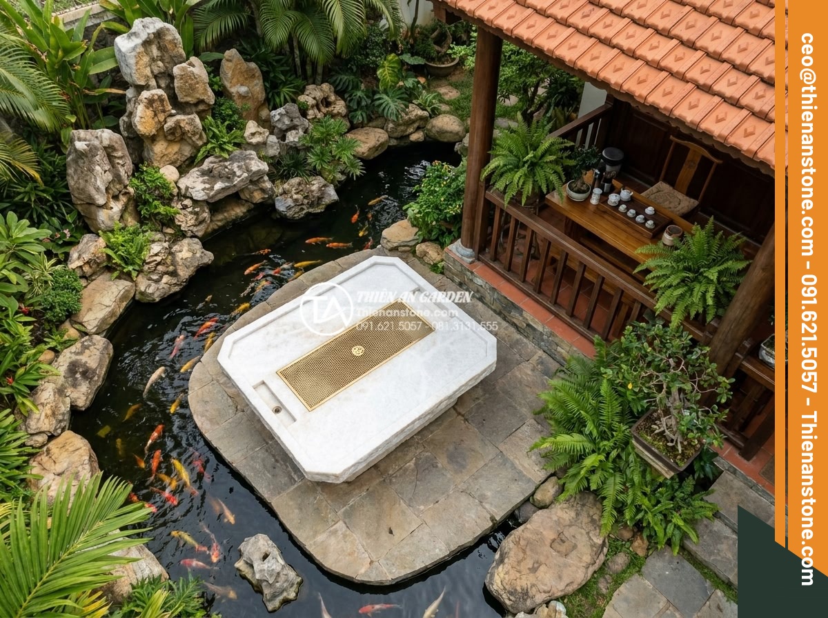 So sánh bàn trà đá nguyên khối và bàn trà gỗ: Lựa chọn nào cho sân vườn? - Aerial view of a large luxury villa garden featuring a massive solid stone tea t