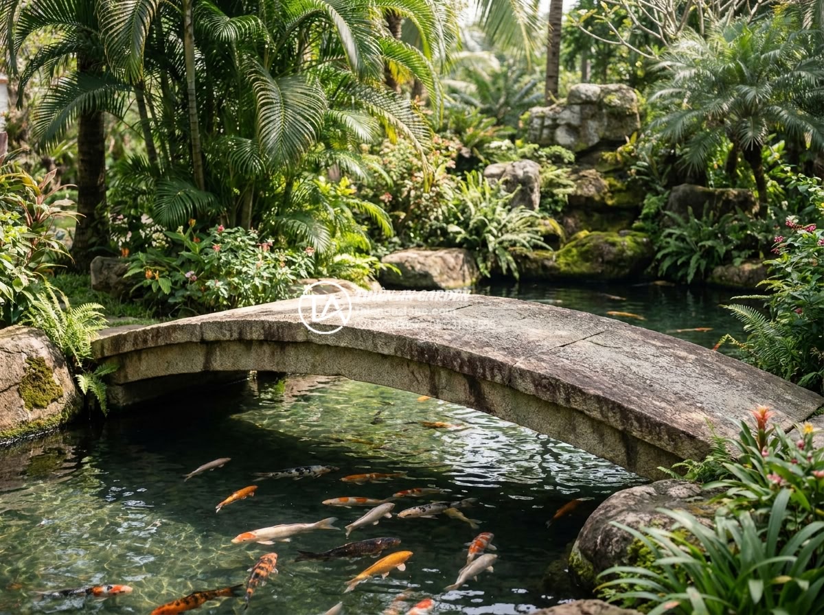 So sánh cầu đá sân vườn và cầu gỗ: Nên chọn loại nào cho hồ cá Koi? - Hình 1 So sánh cầu đá sân vườn và cầu gỗ: Nên chọn loại nào cho hồ cá Koi? - Professional landscape photography of an elegant natural stone bridge spanning a