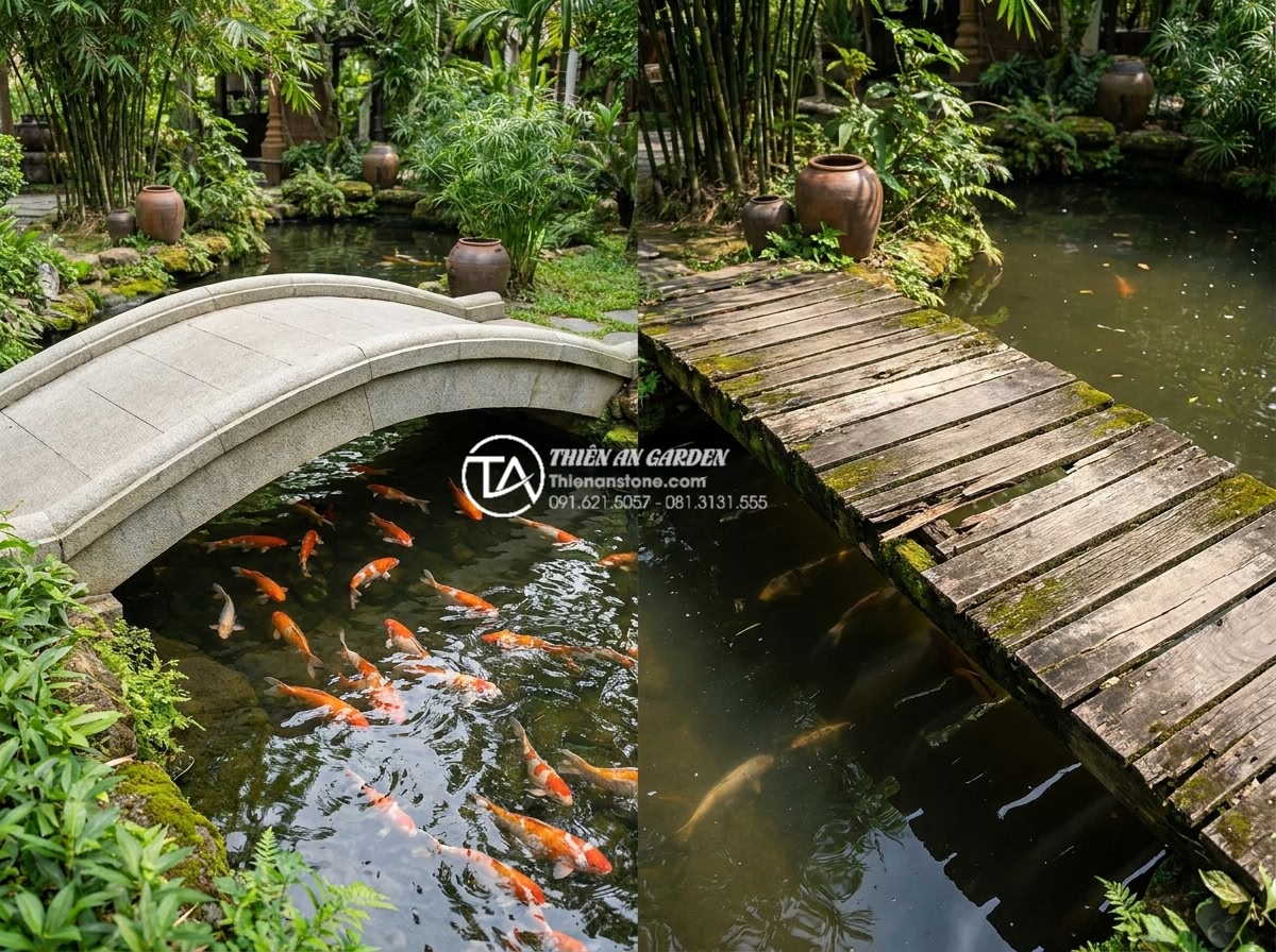 So sánh cầu đá sân vườn và cầu gỗ: Nên chọn loại nào cho hồ cá Koi? - Hình 4 So sánh cầu đá sân vườn và cầu gỗ: Nên chọn loại nào cho hồ cá Koi? - Side-by-side professional comparison image of a durable stone bridge versus a we