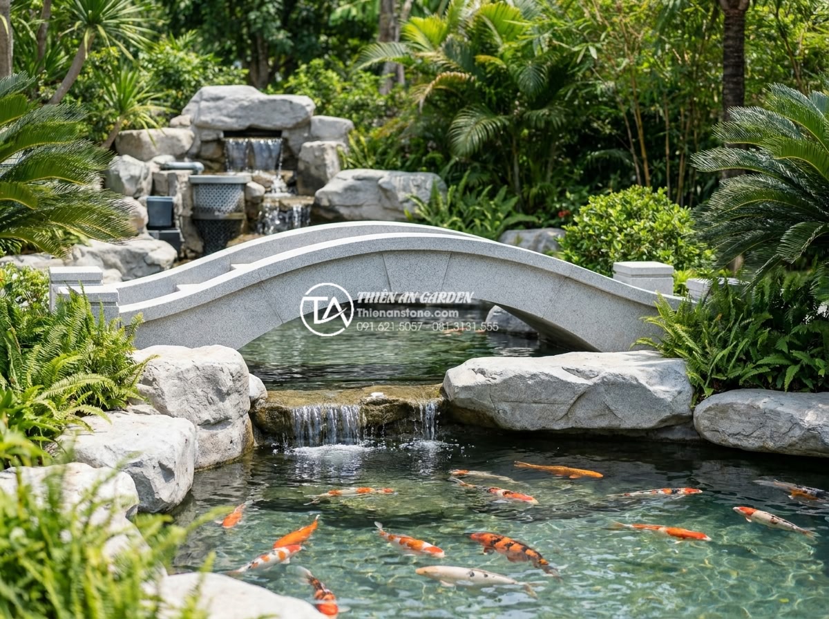 So sánh cầu đá sân vườn và cầu gỗ: Nên chọn loại nào cho hồ cá Koi? - Hình 6 So sánh cầu đá sân vườn và cầu gỗ: Nên chọn loại nào cho hồ cá Koi? - Beautiful professional photo of a stone bridge perfectly integrated with a koi p