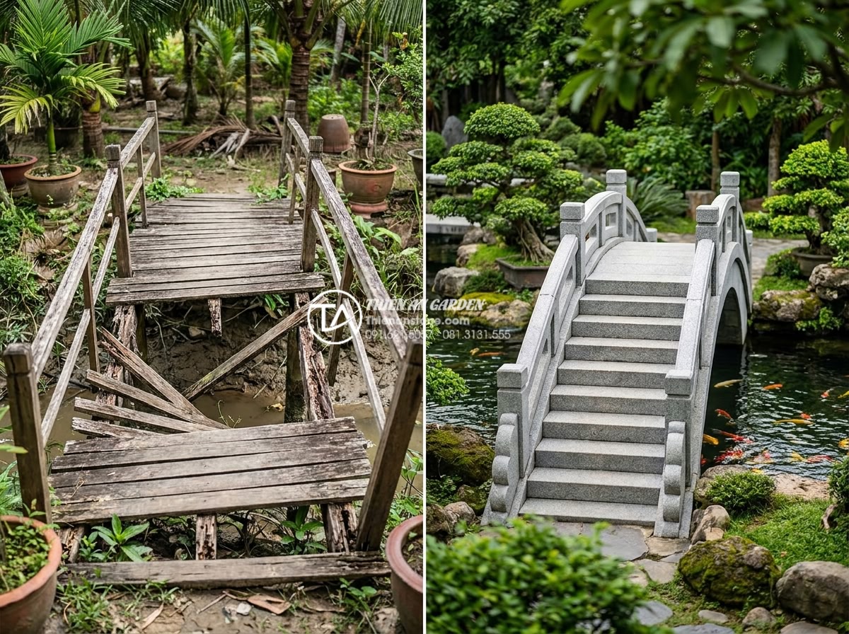 So sánh cầu đá sân vườn và cầu gỗ: Nên chọn loại nào cho hồ cá Koi? - Hình 9 So sánh cầu đá sân vườn và cầu gỗ: Nên chọn loại nào cho hồ cá Koi? - Before and after cautionary tale image showing common mistakes in garden bridge