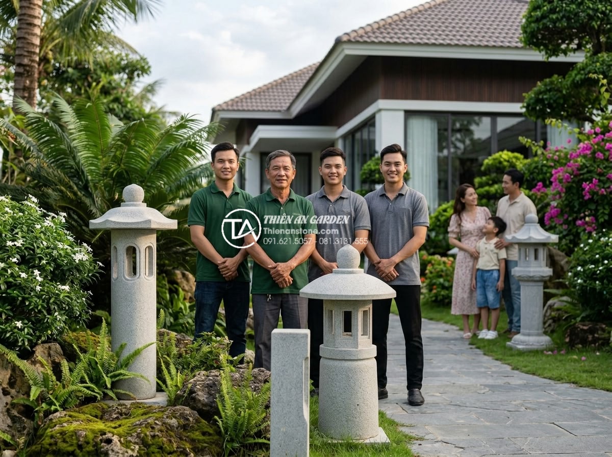 So sánh đèn đá tự nhiên và đèn đá xi măng: Đâu là lựa chọn bền bỉ? - Professional team photo of Da Canh Thien An experts standing proudly beside beau