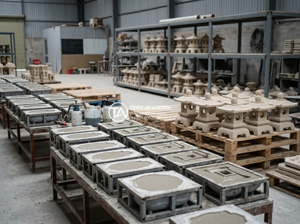 So sánh đèn đá tự nhiên và đèn đá xi măng: Đâu là lựa chọn bền bỉ? - Industrial production line showing cement stone garden lamps being cast in molds