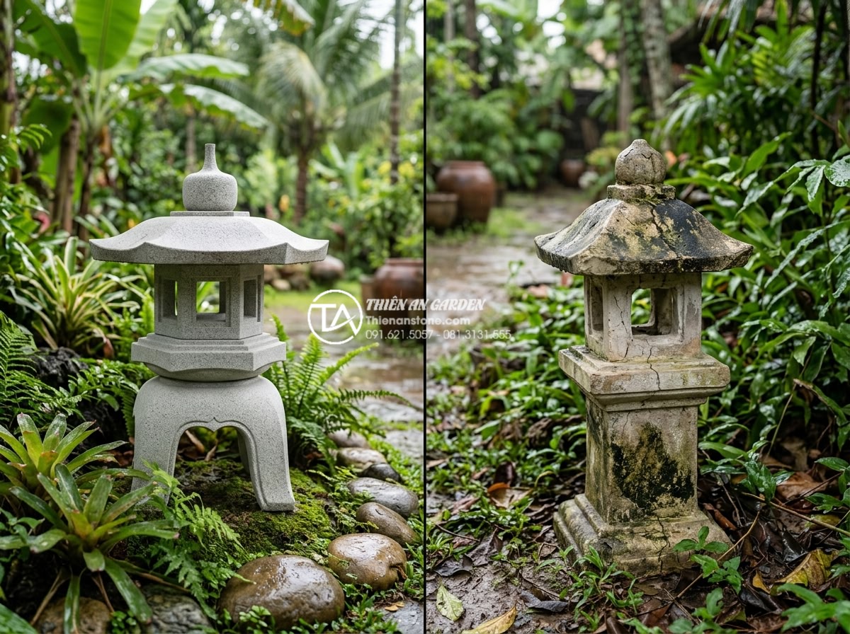 So sánh đèn đá tự nhiên và đèn đá xi măng: Đâu là lựa chọn bền bỉ? - Split view comparison showing a natural stone lantern remaining pristine after y