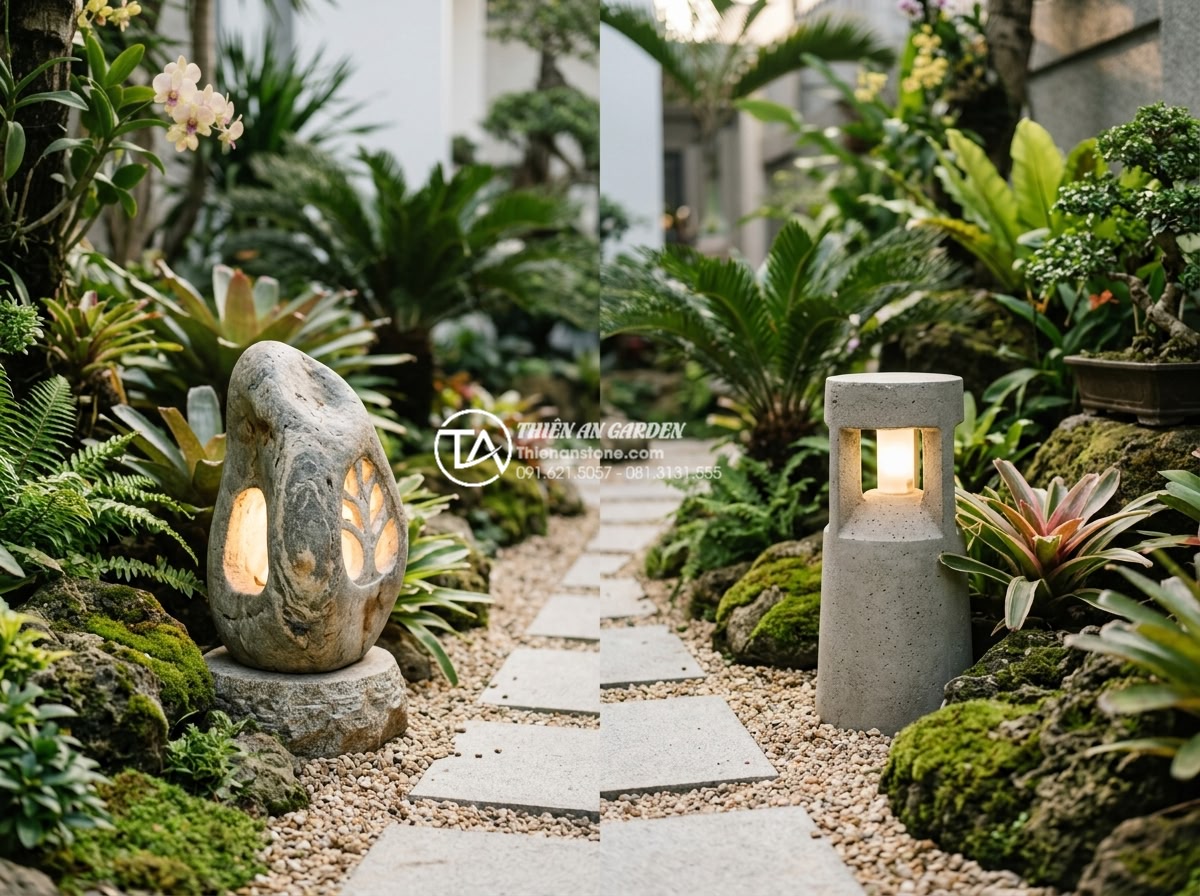 So sánh đèn đá tự nhiên và đèn đá xi măng: Đâu là lựa chọn bền bỉ? - Artistic side-by-side aesthetic comparison of a uniquely veined natural stone la