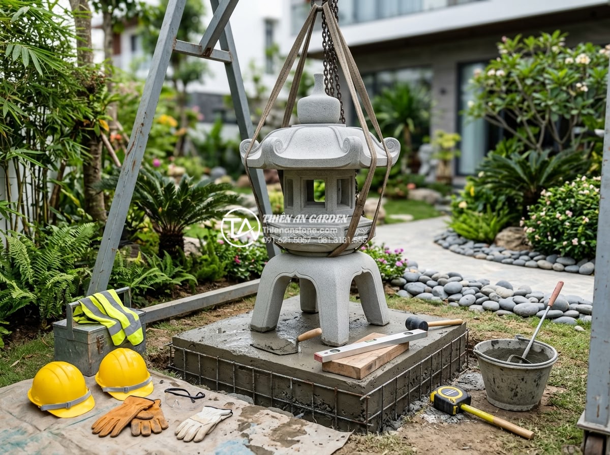 So sánh đèn đá tự nhiên và đèn đá xi măng: Đâu là lựa chọn bền bỉ? - Professional installation team carefully positioning a large natural stone garde