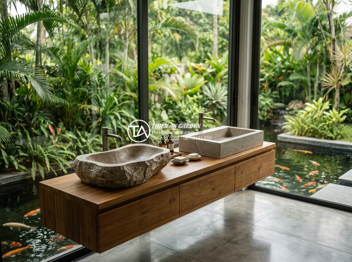 So Sánh Lavabo Đá Tự Nhiên Và Lavabo Đá Nhân Tạo: Ưu Nhược Điểm Cần Biết - Professional high-resolution photograph of a luxurious modern bathroom interior