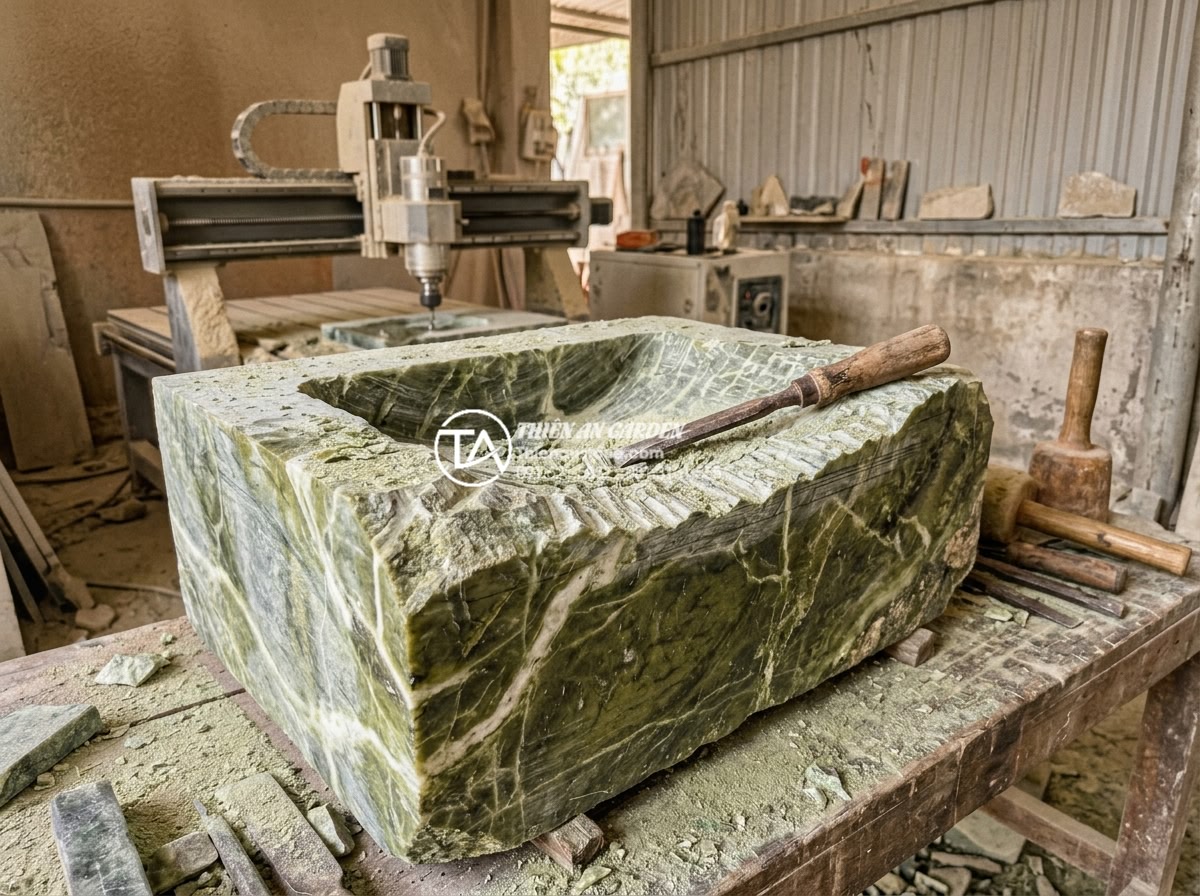 So Sánh Lavabo Đá Tự Nhiên Và Lavabo Đá Nhân Tạo: Ưu Nhược Điểm Cần Biết - Artisan hand-carving a large block of natural granite into a custom lavabo sink 