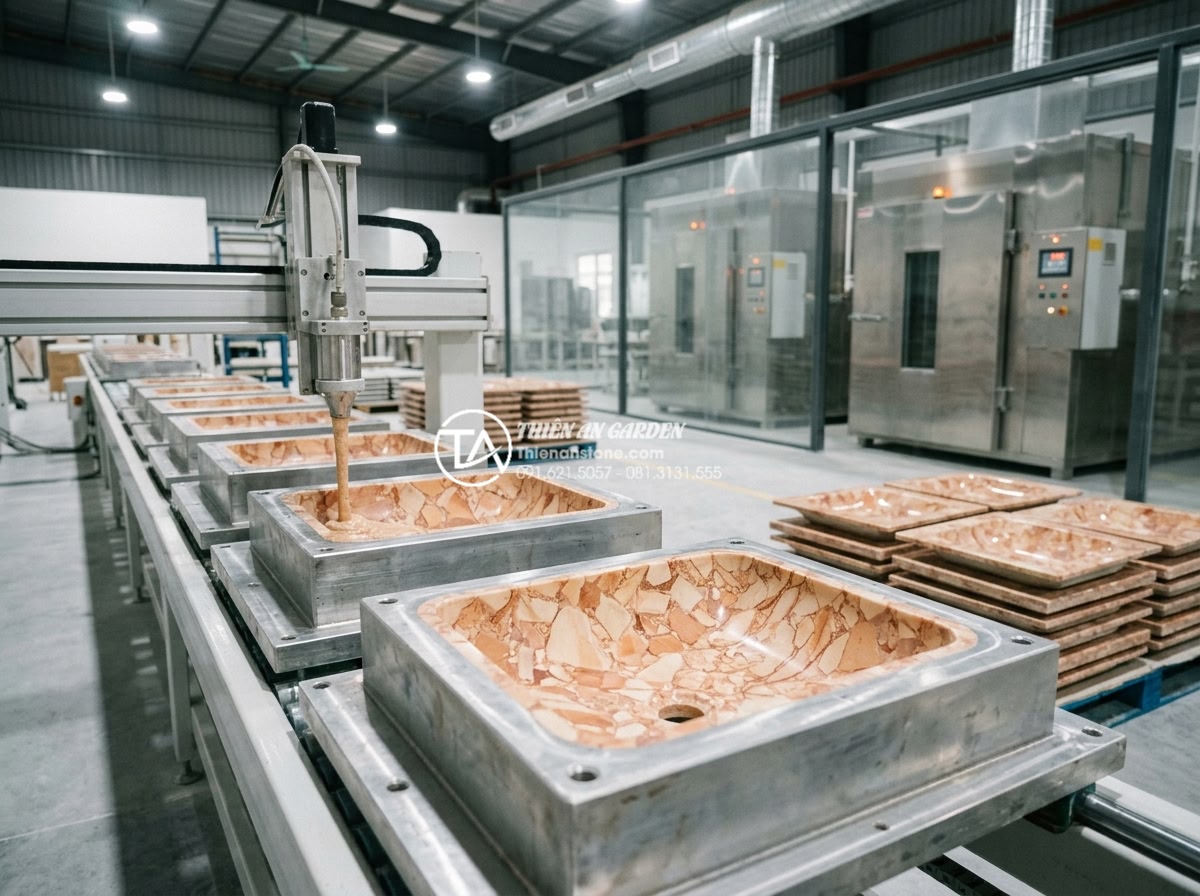 So Sánh Lavabo Đá Tự Nhiên Và Lavabo Đá Nhân Tạo: Ưu Nhược Điểm Cần Biết - Modern factory production line manufacturing artificial quartz lavabo sinks, wor