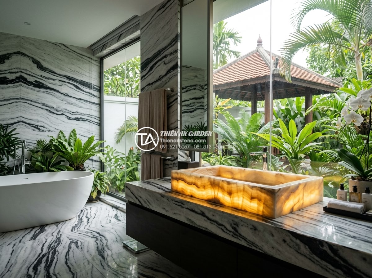 So Sánh Lavabo Đá Tự Nhiên Và Lavabo Đá Nhân Tạo: Ưu Nhược Điểm Cần Biết - Luxury villa master bathroom with a stunning natural onyx lavabo sink backlit wi