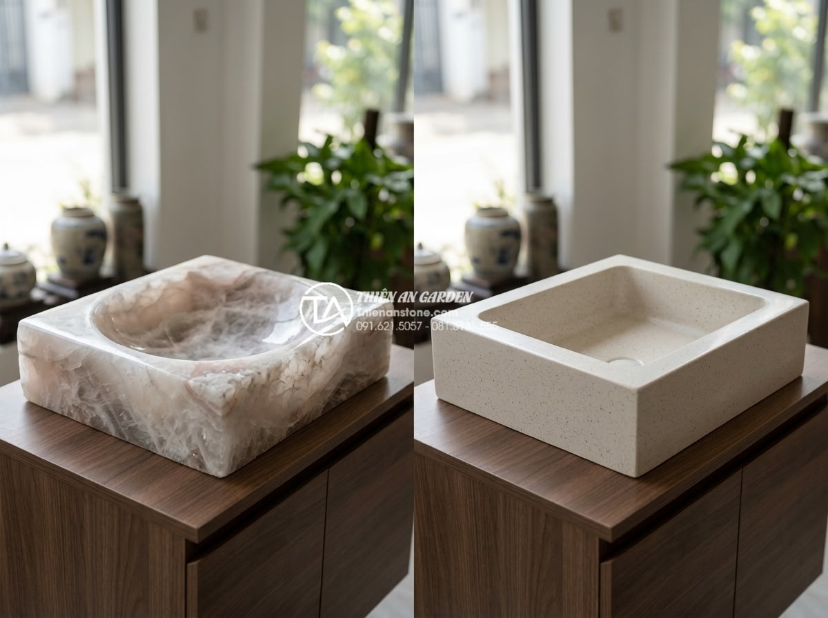 So Sánh Lavabo Đá Tự Nhiên Và Lavabo Đá Nhân Tạo: Ưu Nhược Điểm Cần Biết - Side-by-side professional comparison photograph of a natural stone lavabo sink a