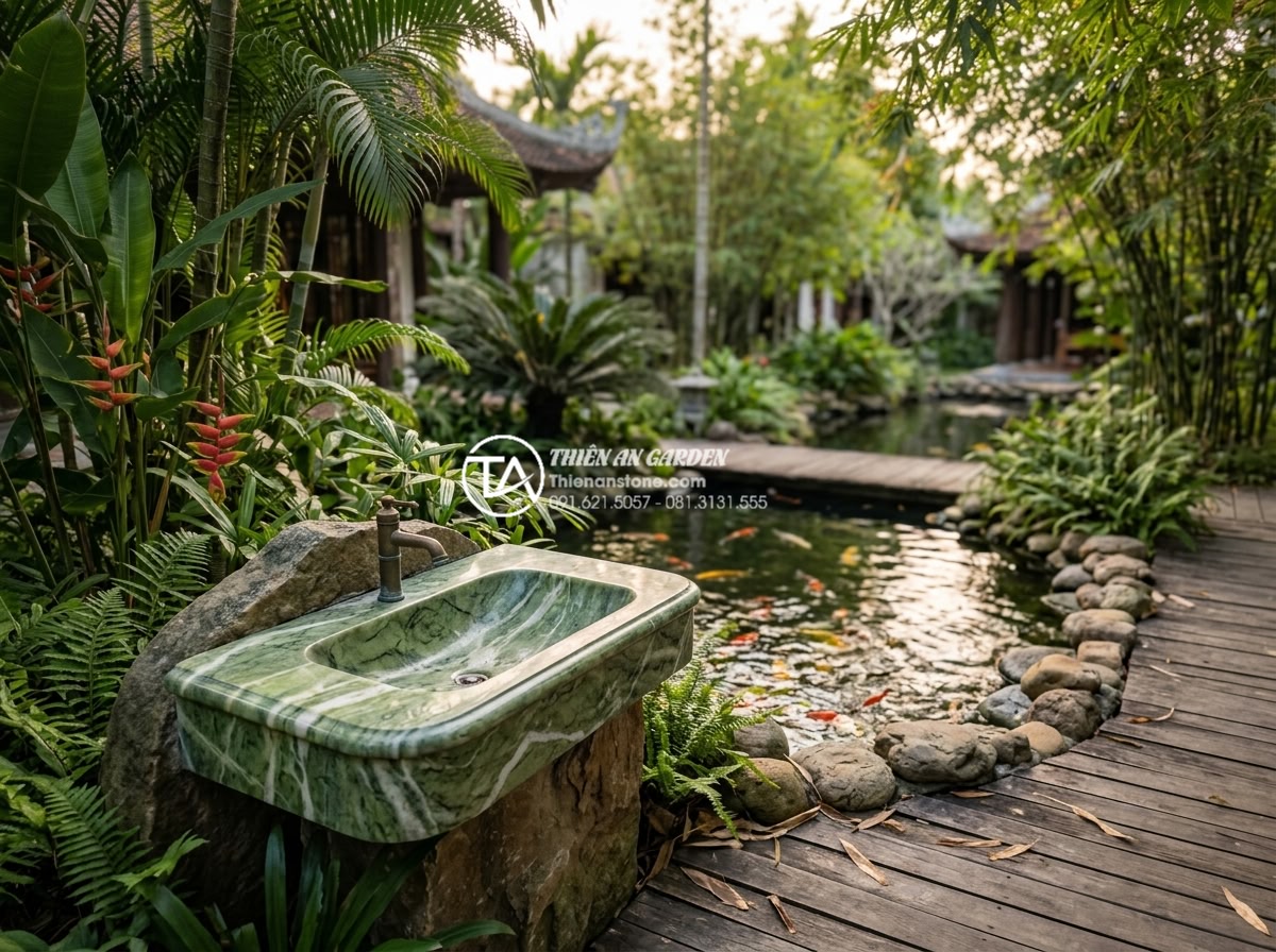 So Sánh Lavabo Đá Tự Nhiên Và Lavabo Đá Nhân Tạo: Ưu Nhược Điểm Cần Biết - Beautiful outdoor garden setting at a luxury resort featuring a natural stone la