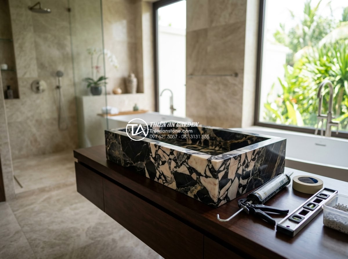 So Sánh Lavabo Đá Tự Nhiên Và Lavabo Đá Nhân Tạo: Ưu Nhược Điểm Cần Biết - Professional team from Da Canh Thien An stone company installing a custom natura