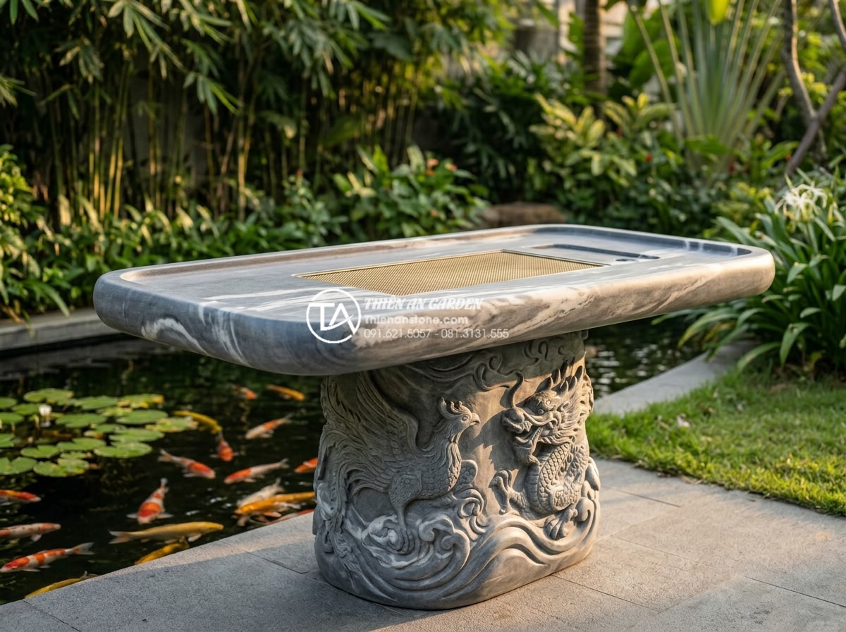 Sự khác biệt giữa bàn trà đá nguyên khối Việt Nam và đá nhập khẩu - High-resolution professional photograph of a monolithic Vietnamese natural stone