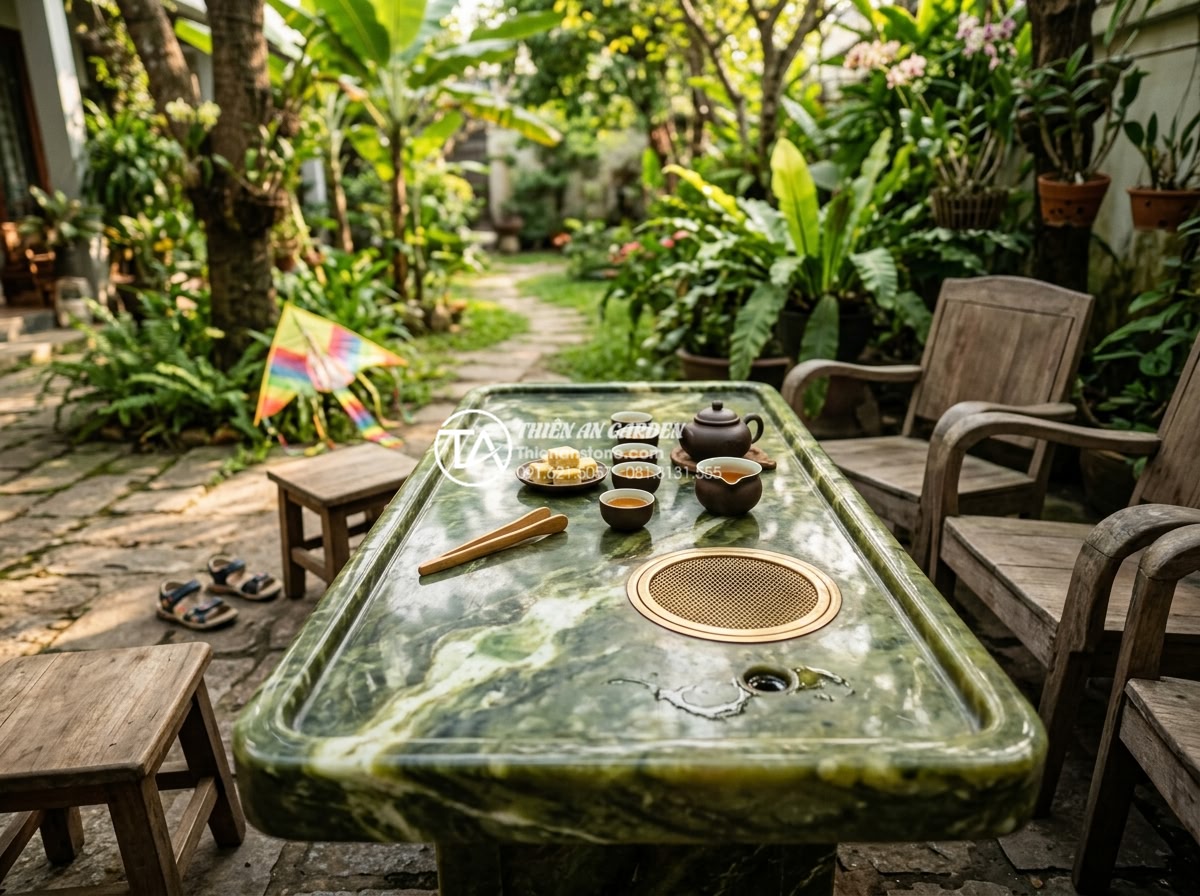 Sự khác biệt giữa bàn trà đá nguyên khối Việt Nam và đá nhập khẩu - Real-life photo of a Vietnamese family enjoying afternoon tea at their custom mo