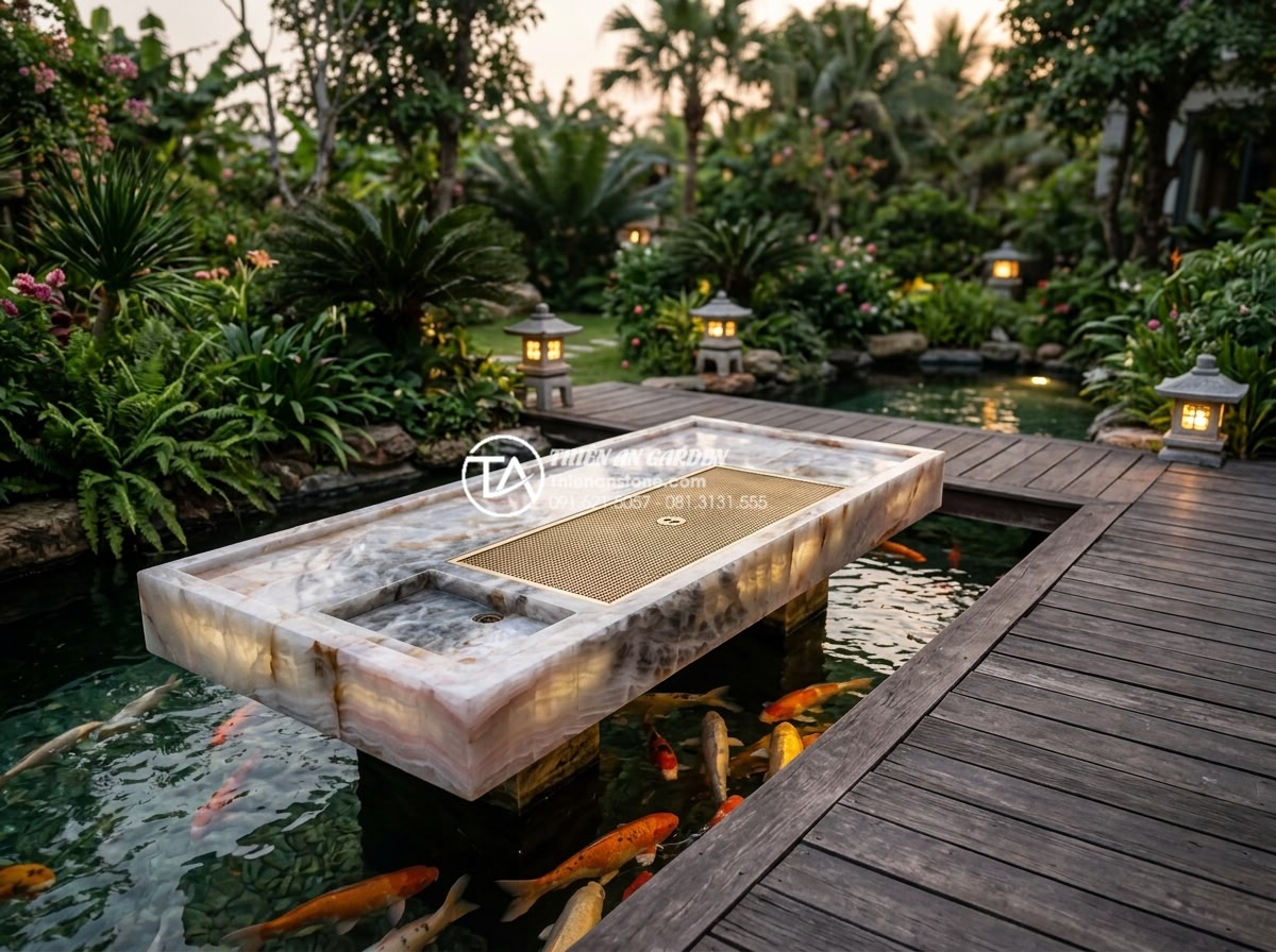 Sự khác biệt giữa bàn trà đá nguyên khối Việt Nam và đá nhập khẩu - Stunning resort garden scene featuring a large Vietnamese natural stone tea tabl