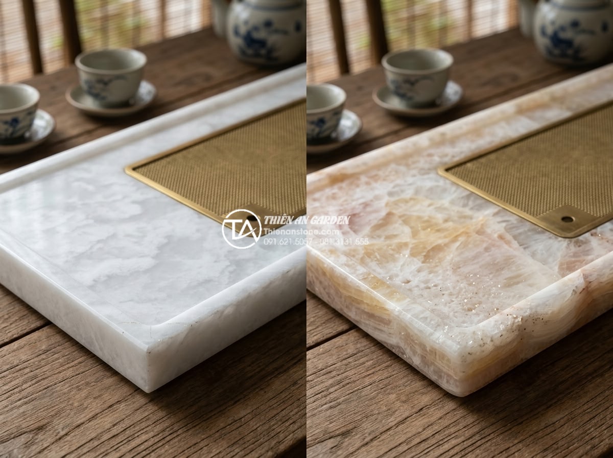 Sự khác biệt giữa bàn trà đá nguyên khối Việt Nam và đá nhập khẩu - Comparison visual of Chinese imported granite tea table versus Vietnamese natura