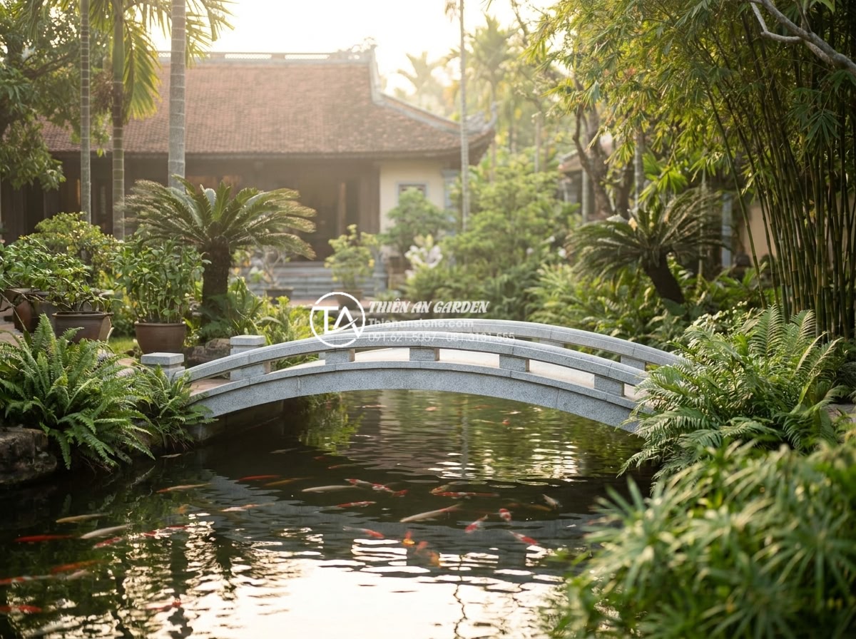 Sự khác biệt giữa đá Granite và đá Cẩm Thạch khi chế tác cầu sân vườn - Wide angle professional photograph of an elegant natural stone garden bridge mad