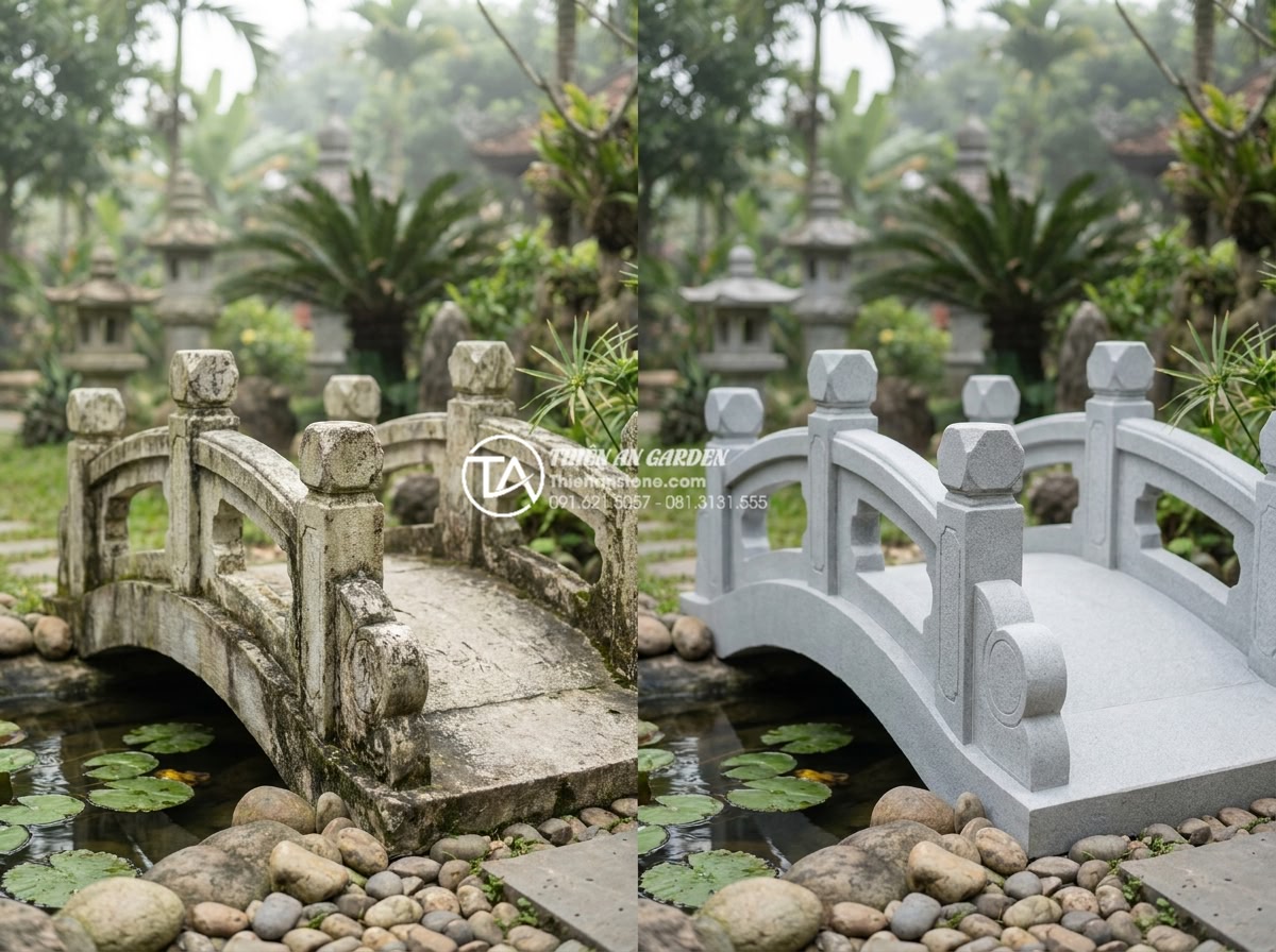 Sự khác biệt giữa đá Granite và đá Cẩm Thạch khi chế tác cầu sân vườn - Comparison visual of marble garden bridge showing signs of weathering and etchin