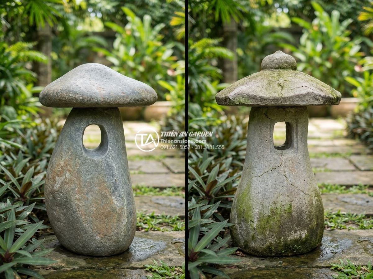 Sự khác biệt giữa đèn đá chế tác máy và đèn đá đục tay thủ công - Long-term durability test comparison: 8-year-old hand-carved marble lantern stil