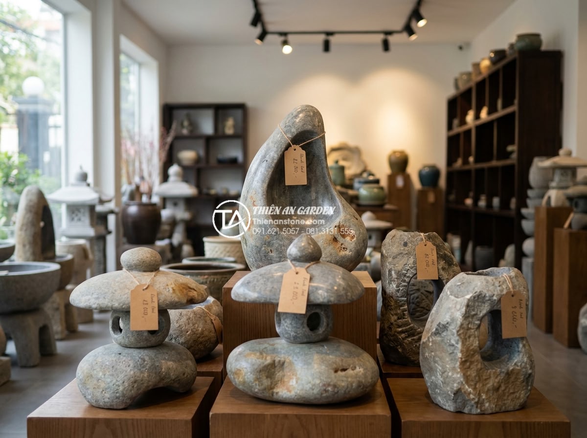 Sự khác biệt giữa đèn đá chế tác máy và đèn đá đục tay thủ công - Elegant product display of various price range stone lanterns from Đá Cảnh Thiên