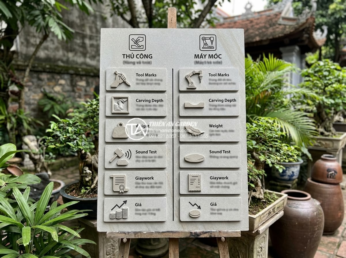 Sự khác biệt giữa đèn đá chế tác máy và đèn đá đục tay thủ công - Educational comparison infographic showing 6 key ways to distinguish hand-carved