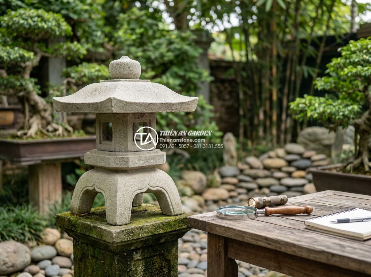 Sự khác biệt giữa đèn đá chế tác máy và đèn đá đục tay thủ công - Customer in elegant Vietnamese garden carefully inspecting a stone lantern with 