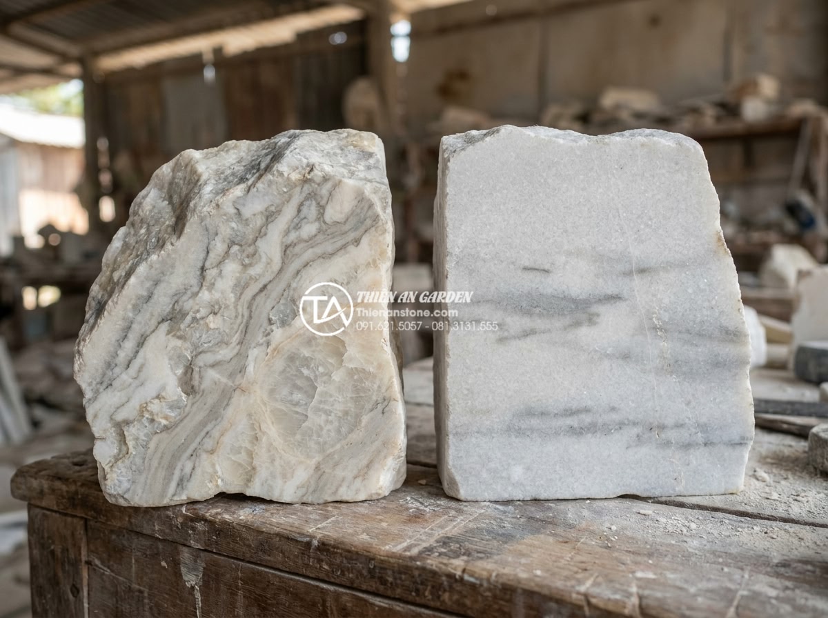 Sự khác biệt giữa đèn đá chế tác máy và đèn đá đục tay thủ công - High detail macro photograph comparing natural marble grain structure of hand-se