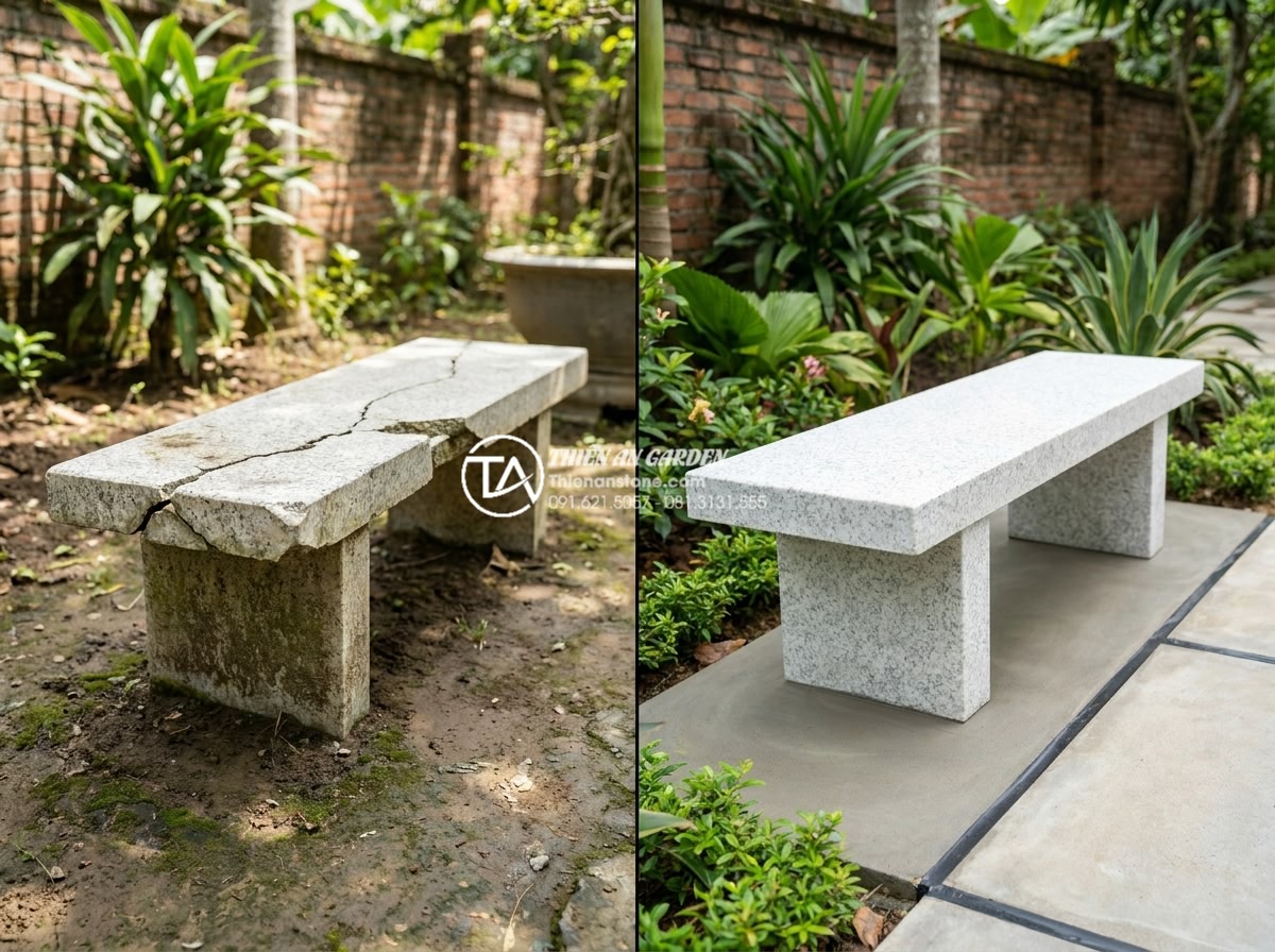 Tại sao bàn ghế đá hoa cương thường bị nứt khi để ngoài trời và cách khắc phục? - Hình 10 Tại sao bàn ghế đá hoa cương thường bị nứt khi để ngoài trời và cách khắc phục? - Before-and-after comparison of granite bench installation - left image shows imp