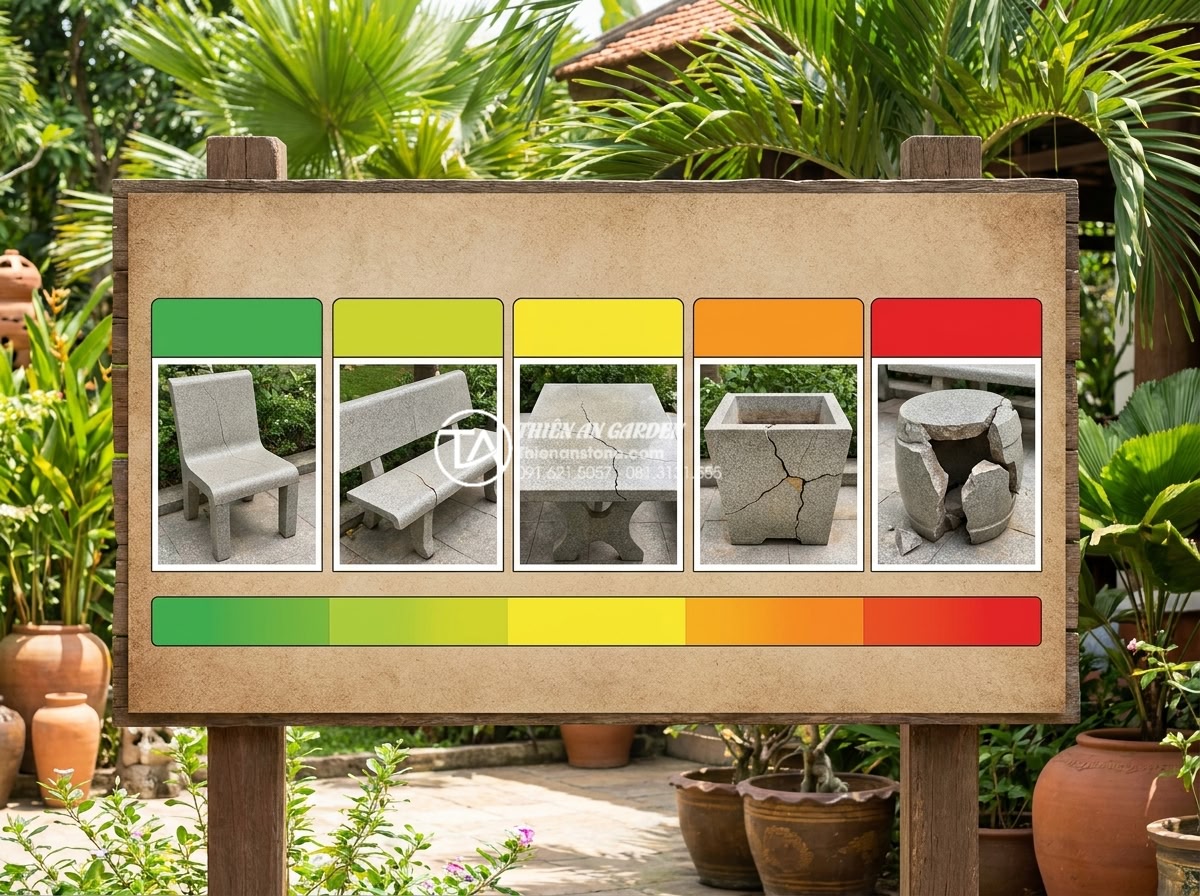 Tại sao bàn ghế đá hoa cương thường bị nứt khi để ngoài trời và cách khắc phục? - Hình 12 Tại sao bàn ghế đá hoa cương thường bị nứt khi để ngoài trời và cách khắc phục? - Professional assessment chart showing 5-level crack severity scale for granite o