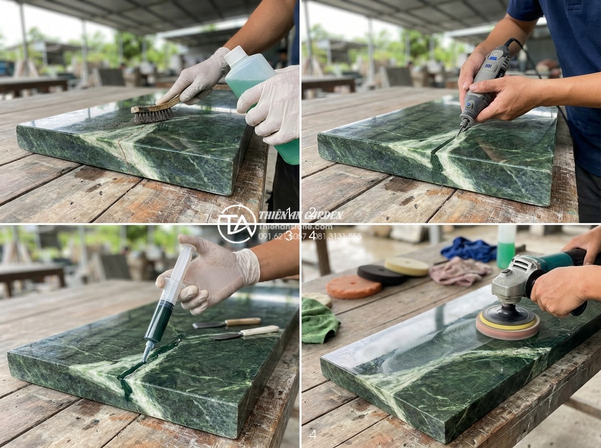 Tại sao bàn ghế đá hoa cương thường bị nứt khi để ngoài trời và cách khắc phục? - Hình 13 Tại sao bàn ghế đá hoa cương thường bị nứt khi để ngoài trời và cách khắc phục? - Step-by-step professional repair process photograph of cracked granite bench bei