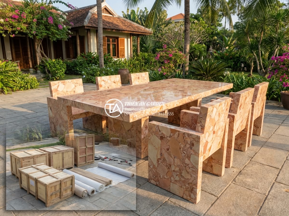 Tại sao bàn ghế đá hoa cương thường bị nứt khi để ngoài trời và cách khắc phục? - Hình 14 Tại sao bàn ghế đá hoa cương thường bị nứt khi để ngoài trời và cách khắc phục? - High-end replacement granite outdoor furniture set being installed at a luxury v