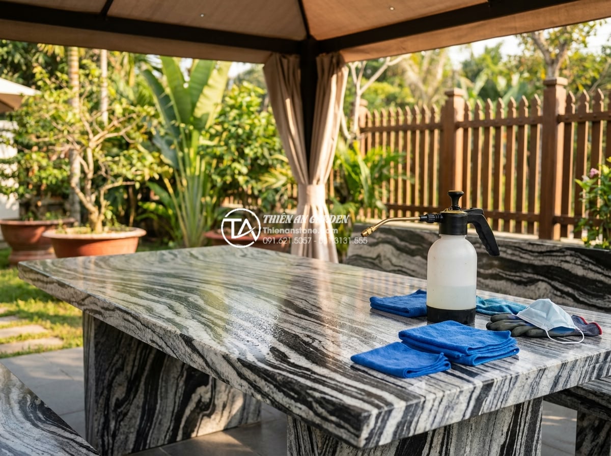 Tại sao bàn ghế đá hoa cương thường bị nứt khi để ngoài trời và cách khắc phục? - Hình 15 Tại sao bàn ghế đá hoa cương thường bị nứt khi để ngoài trời và cách khắc phục? - Professional maintenance team from Thien An Stone applying premium nano sealer t