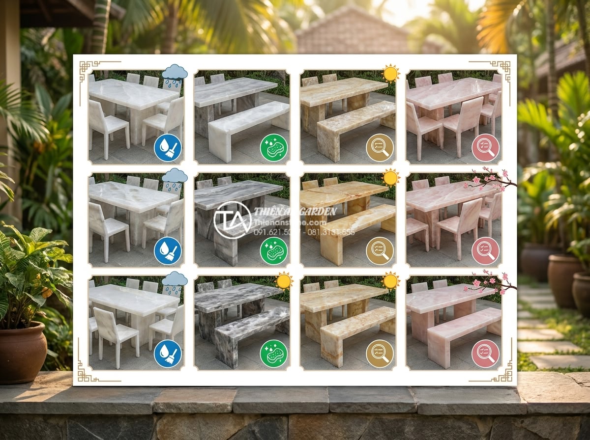 Tại sao bàn ghế đá hoa cương thường bị nứt khi để ngoài trời và cách khắc phục? - Hình 16 Tại sao bàn ghế đá hoa cương thường bị nứt khi để ngoài trời và cách khắc phục? - Calendar-style infographic showing recommended 12-month maintenance schedule for
