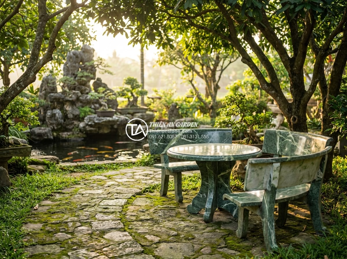 Tại sao bàn ghế đá hoa cương thường bị nứt khi để ngoài trời và cách khắc phục? - Hình 17 Tại sao bàn ghế đá hoa cương thường bị nứt khi để ngoài trời và cách khắc phục? - Beautifully composed photograph of a granite outdoor furniture set placed in per