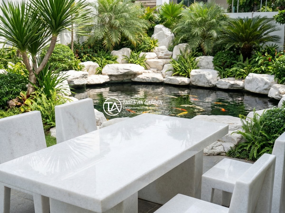 Tại sao bàn ghế đá hoa cương thường bị nứt khi để ngoài trời và cách khắc phục? - Hình 19 Tại sao bàn ghế đá hoa cương thường bị nứt khi để ngoài trời và cách khắc phục? - Professional team photo of Thien An Stone experts in front of a completed luxury