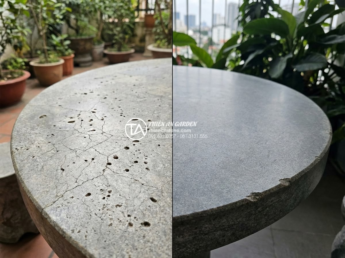 Tại sao bàn ghế đá hoa cương thường bị nứt khi để ngoài trời và cách khắc phục? - Hình 5 Tại sao bàn ghế đá hoa cương thường bị nứt khi để ngoài trời và cách khắc phục? - Split-screen comparison photograph showing the same granite outdoor table after