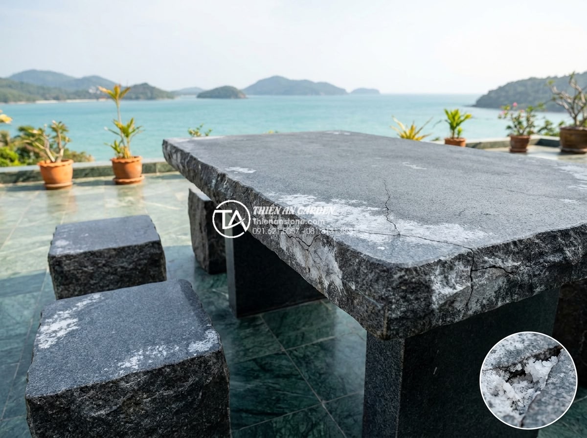 Tại sao bàn ghế đá hoa cương thường bị nứt khi để ngoài trời và cách khắc phục? - Hình 7 Tại sao bàn ghế đá hoa cương thường bị nứt khi để ngoài trời và cách khắc phục? - Realistic wide-angle photograph of an outdoor granite patio set in a coastal Vie