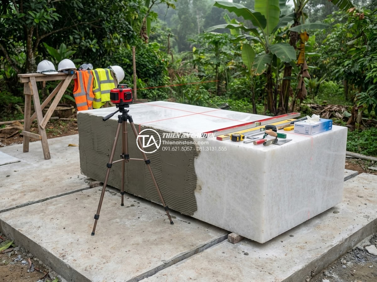 Tại sao bàn ghế đá hoa cương thường bị nứt khi để ngoài trời và cách khắc phục? - Hình 9 Tại sao bàn ghế đá hoa cương thường bị nứt khi để ngoài trời và cách khắc phục? - Technical installation photograph showing professional team from Thien An Stone