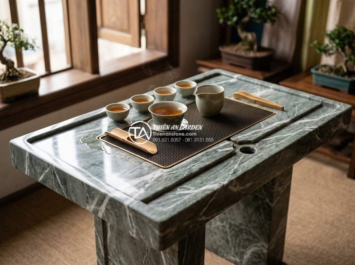 Tại sao bàn trà đá nguyên khối ngày càng được ưa chuộng tại Việt Nam? - Hình 17 Tại sao bàn trà đá nguyên khối ngày càng được ưa chuộng tại Việt Nam? - Stunning close-up professional photograph of a monolithic tea table carved from