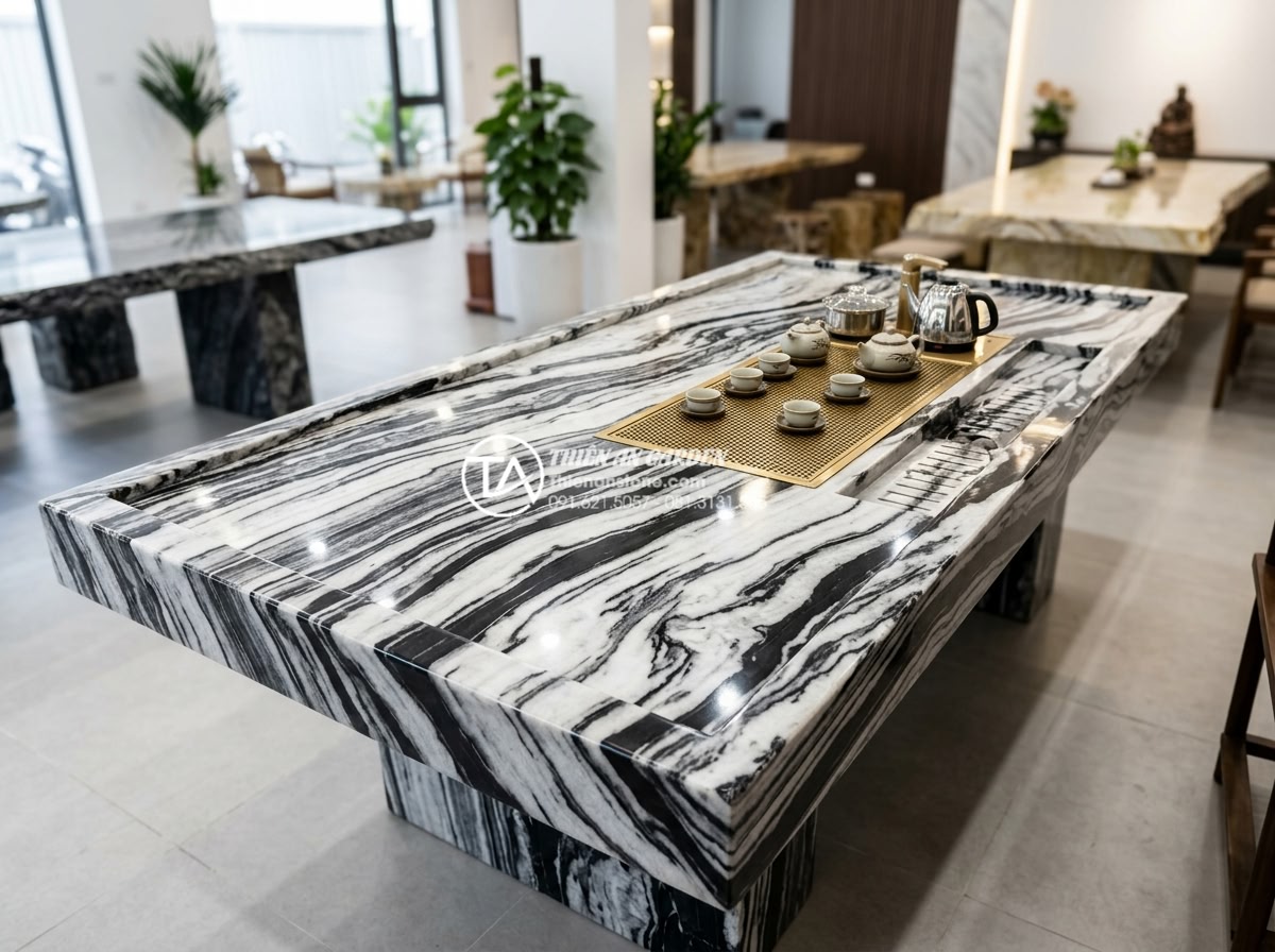 Tại sao bàn trà đá nguyên khối ngày càng được ưa chuộng tại Việt Nam? - Hình 18 Tại sao bàn trà đá nguyên khối ngày càng được ưa chuộng tại Việt Nam? - Professional comparison photograph of three different monolithic stone tea table