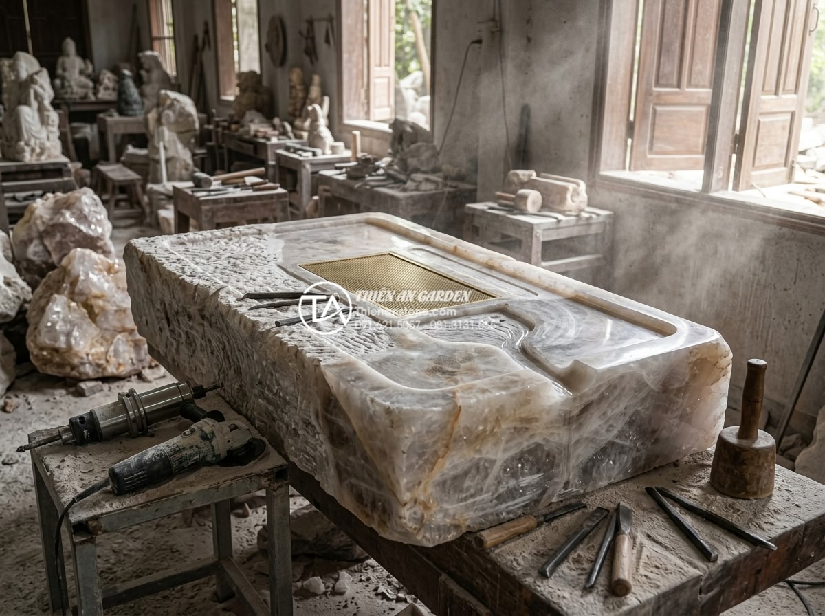 Tại sao bàn trà đá nguyên khối ngày càng được ưa chuộng tại Việt Nam? - Hình 4 Tại sao bàn trà đá nguyên khối ngày càng được ưa chuộng tại Việt Nam? - Detailed professional photograph of Vietnamese master stone carvers working on a