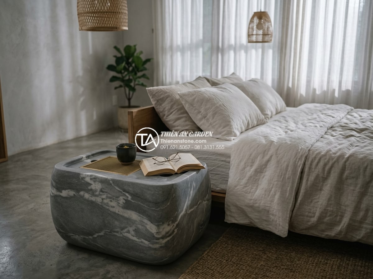 Tại sao bàn trà đá nguyên khối ngày càng được ưa chuộng tại Việt Nam? - Hình 8 Tại sao bàn trà đá nguyên khối ngày càng được ưa chuộng tại Việt Nam? - Peaceful professional photograph of a modern Vietnamese bedroom with a monolithi